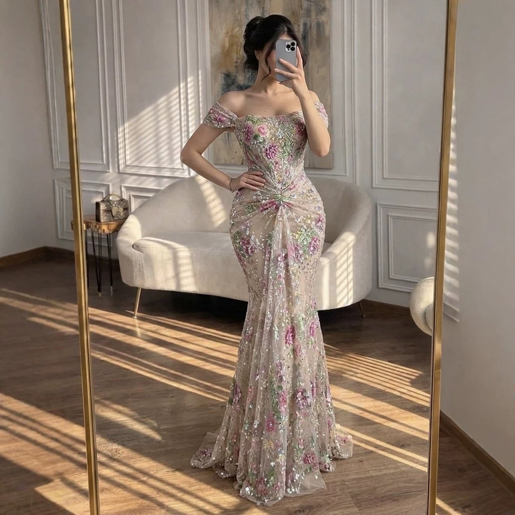 Luxury Nude Pink Floral Beaded Mermaid Dress LA72905C