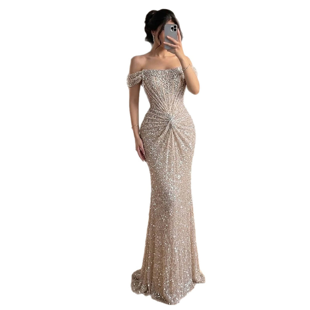 Luxury Cream Crystal Beaded Off The Shoulder Mermaid Dress LA72905D