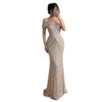 Luxury Cream Crystal Beaded Off The Shoulder Mermaid Dress LA72905D