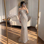 Luxury Cream Crystal Beaded Off The Shoulder Mermaid Dress LA72905D