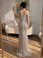 Luxury Cream Crystal Beaded Off The Shoulder Mermaid Dress LA72905D