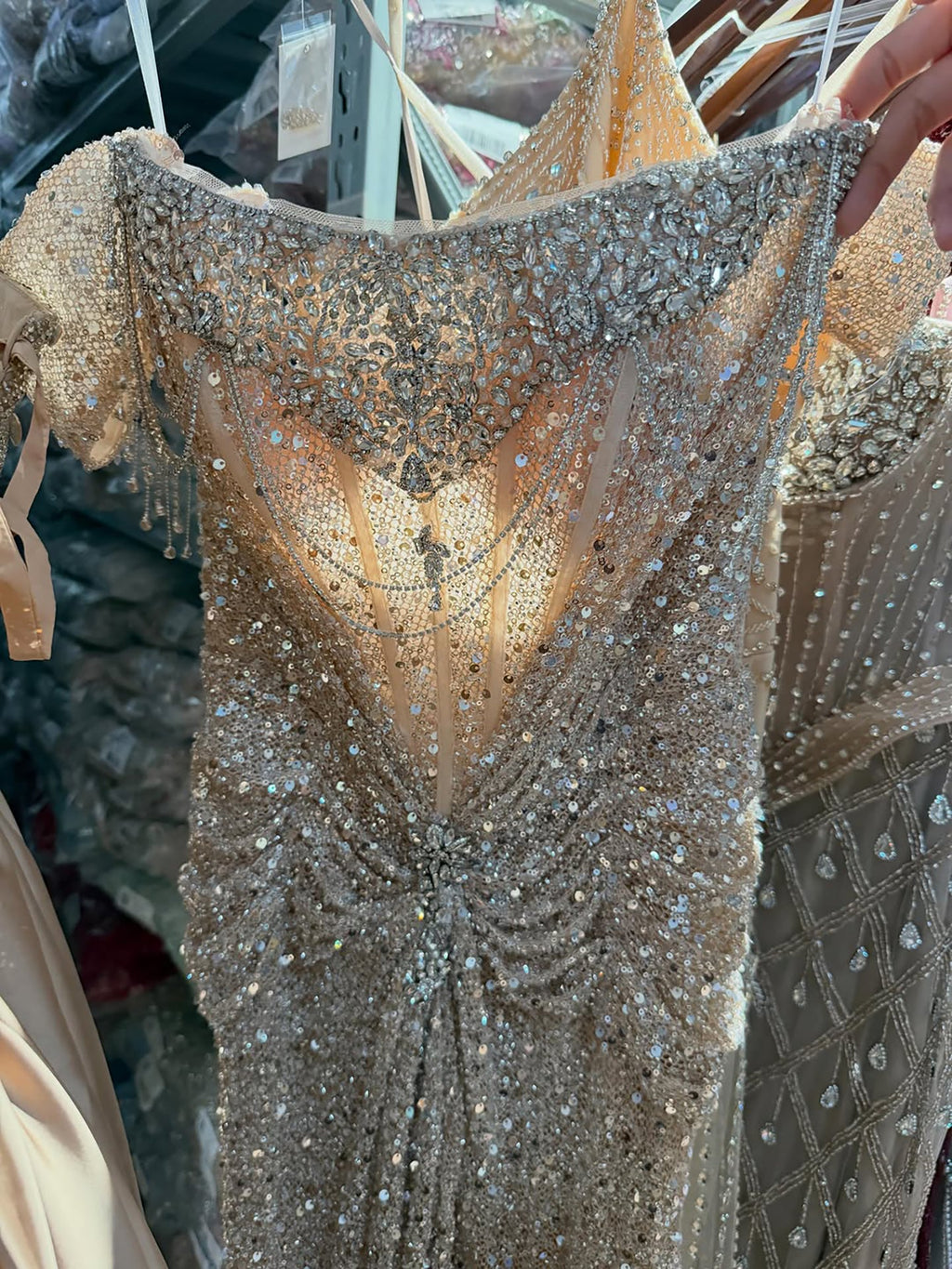 Luxury Cream Crystal Beaded Off The Shoulder Mermaid Dress LA72905D