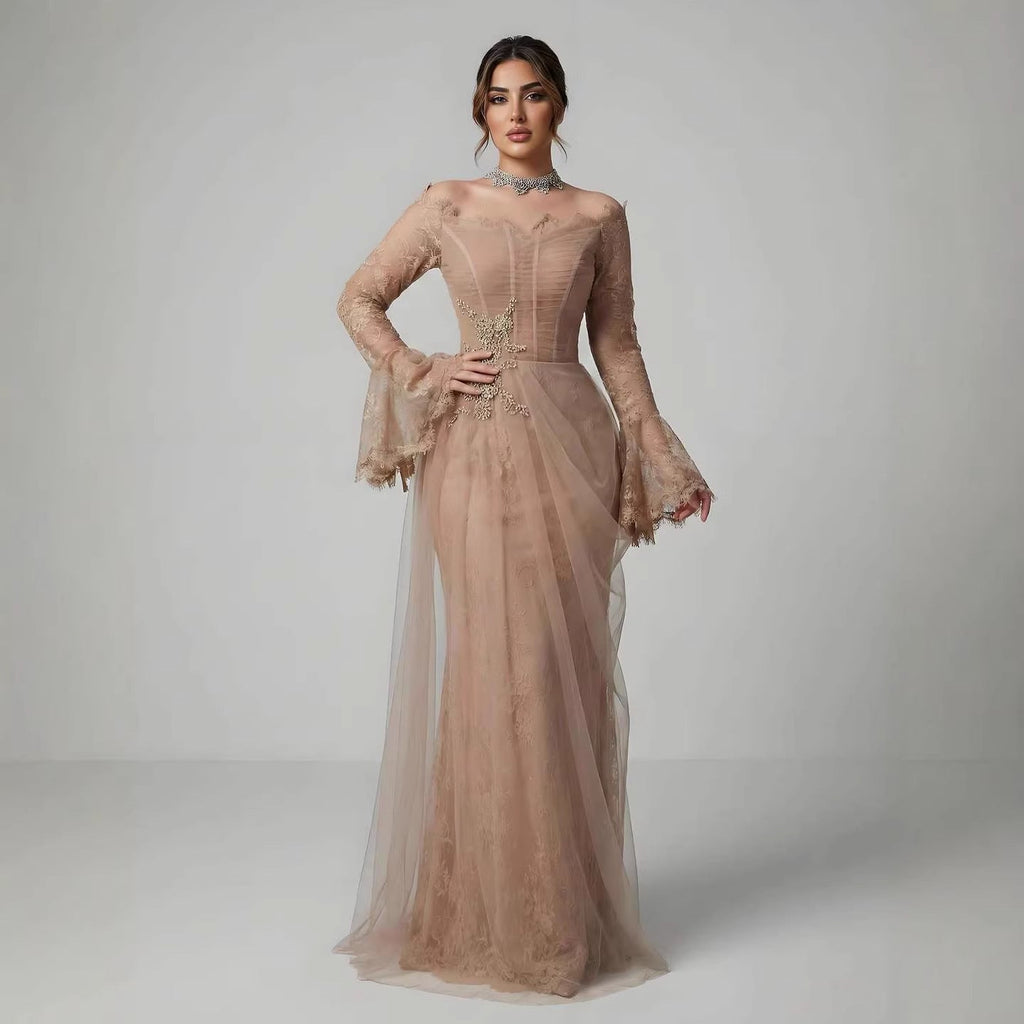 Luxury Light Pink Mermaid Lace Beaded Evening Dress CLA72910