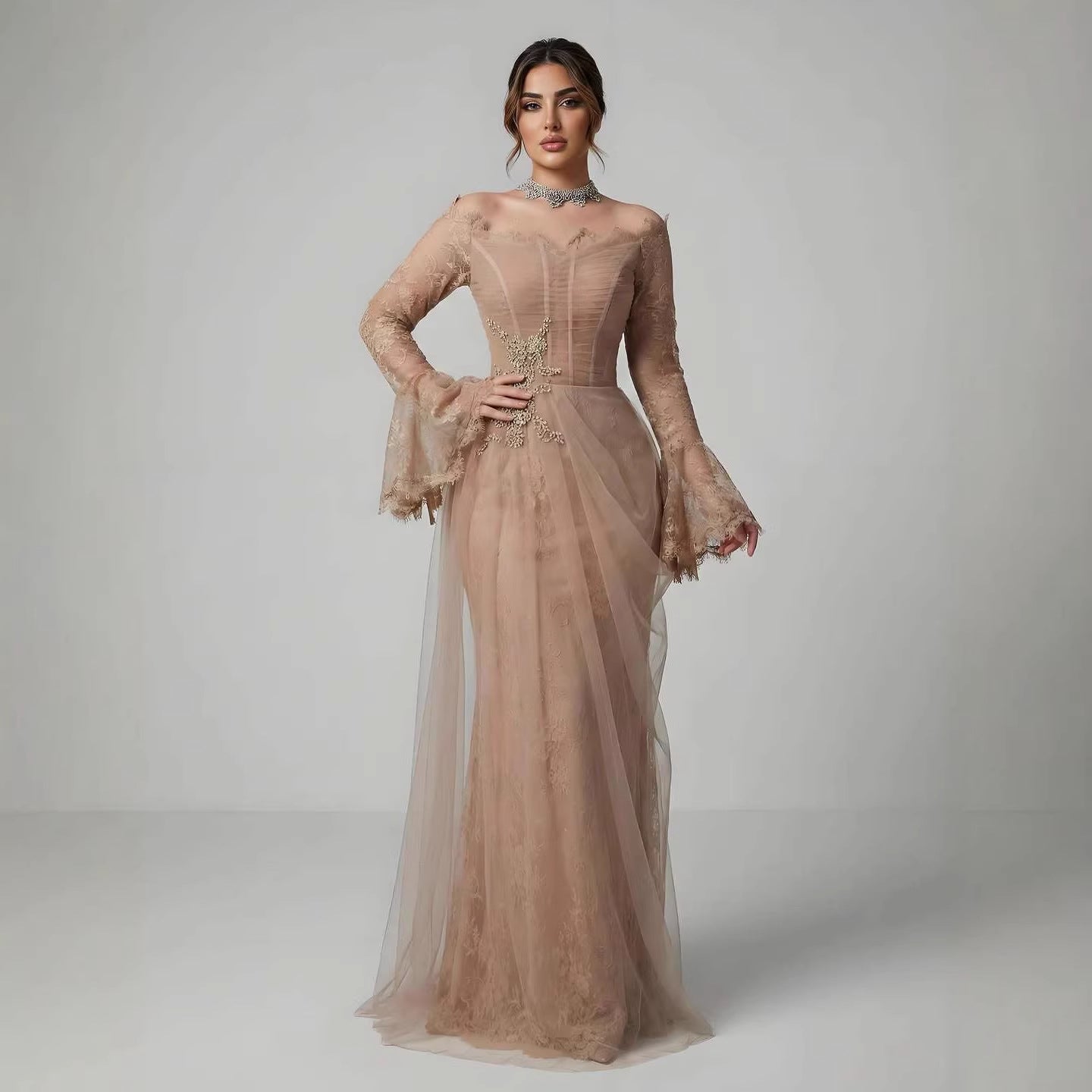 Luxury Light Pink Mermaid Lace Beaded Evening Dress CLA72910