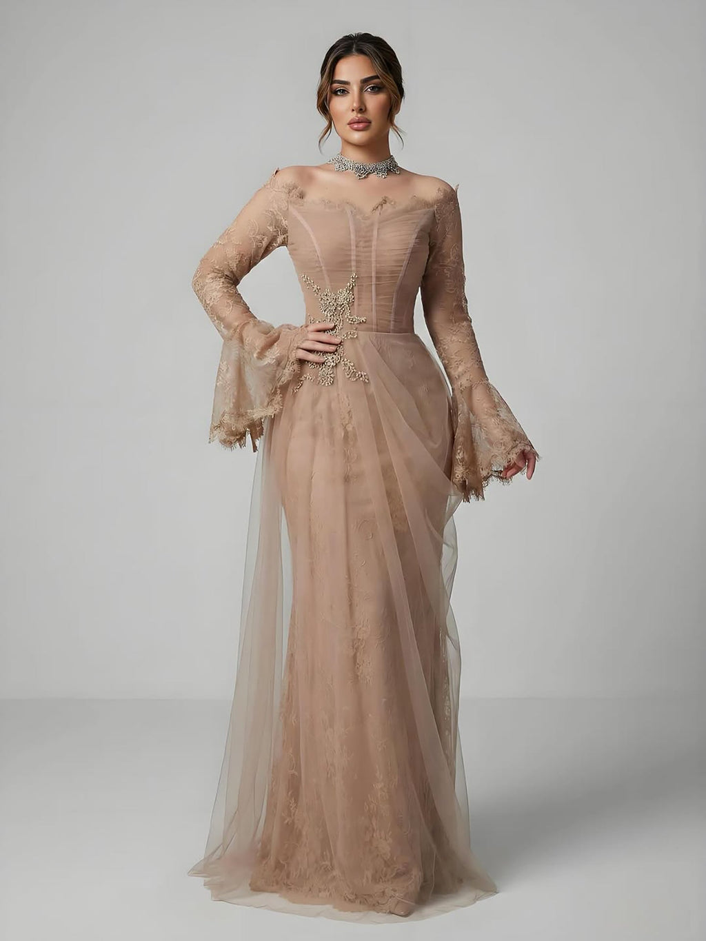 Luxury Light Pink Mermaid Lace Beaded Evening Dress CLA72910