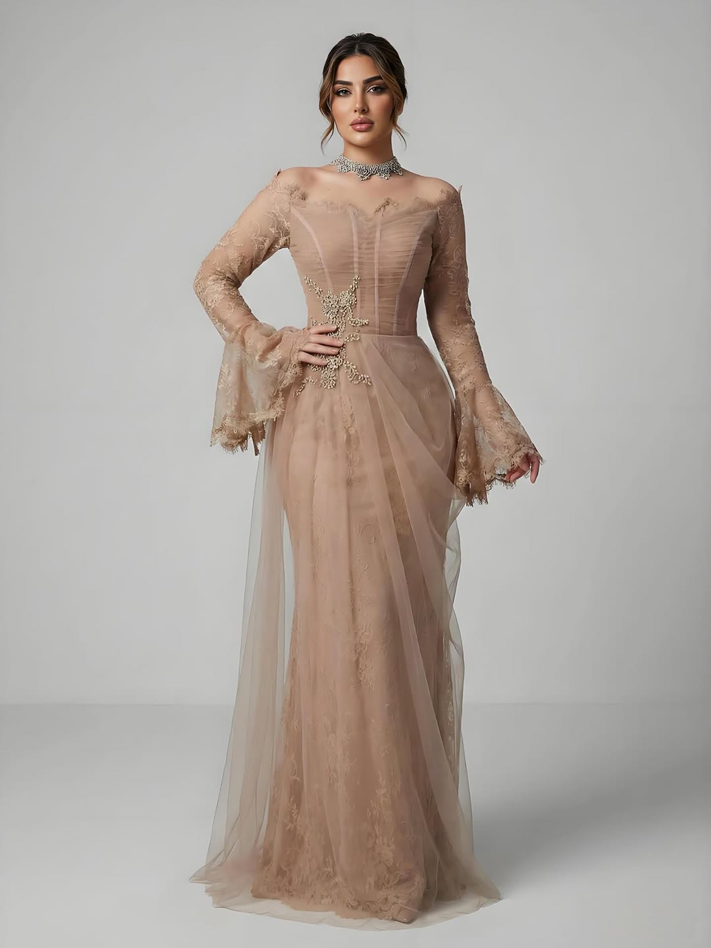 Luxury Light Pink Mermaid Lace Beaded Evening Dress CLA72910