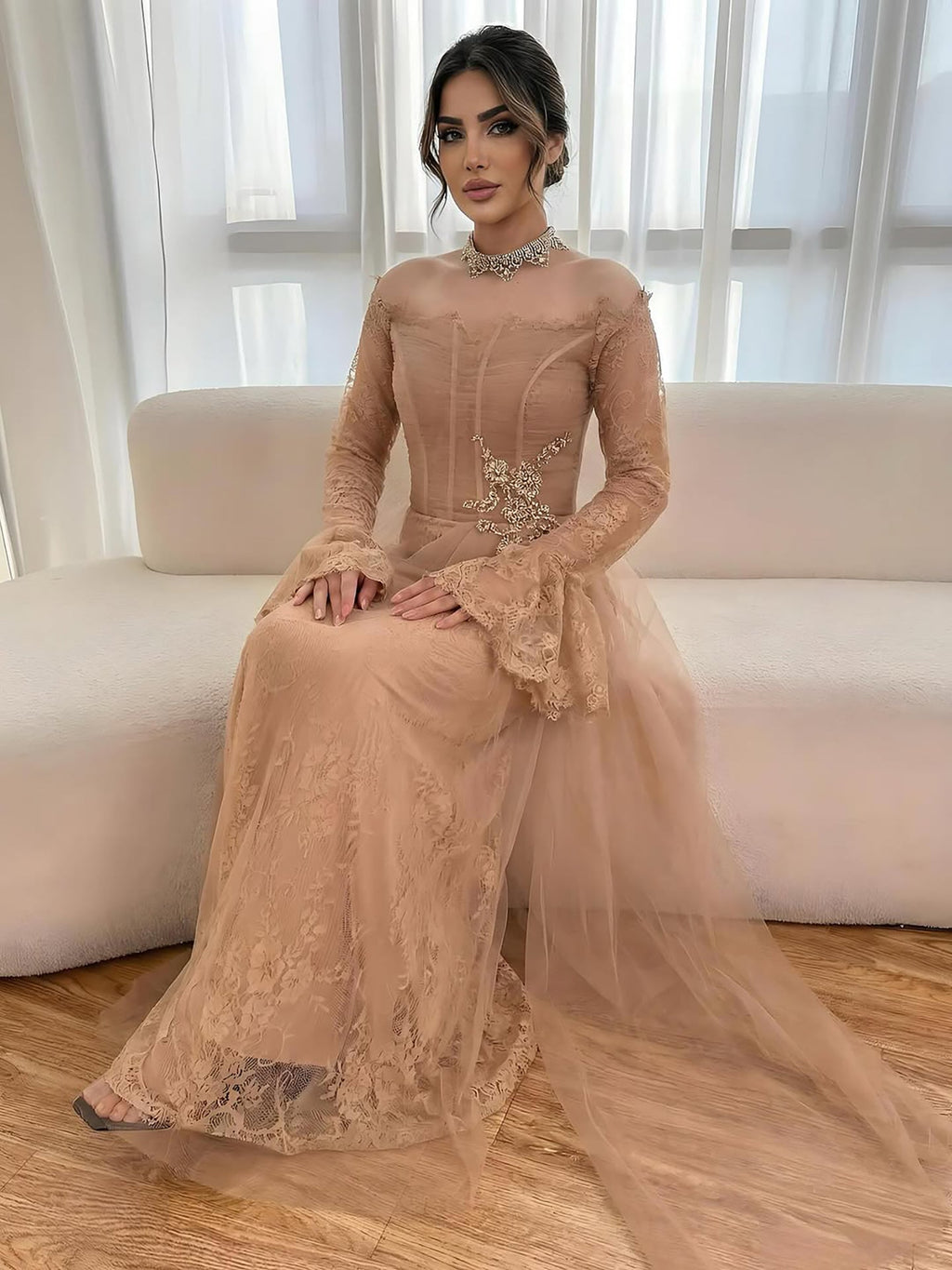 Luxury Light Pink Mermaid Lace Beaded Evening Dress CLA72910