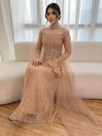 Luxury Light Pink Mermaid Lace Beaded Evening Dress CLA72910