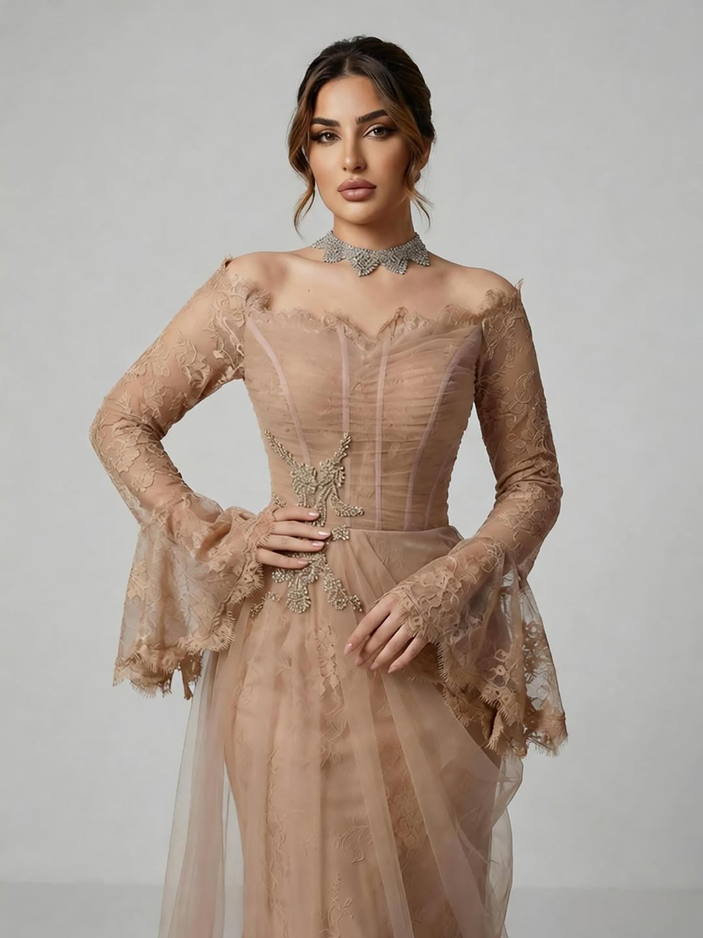 Luxury Light Pink Mermaid Lace Beaded Evening Dress CLA72910