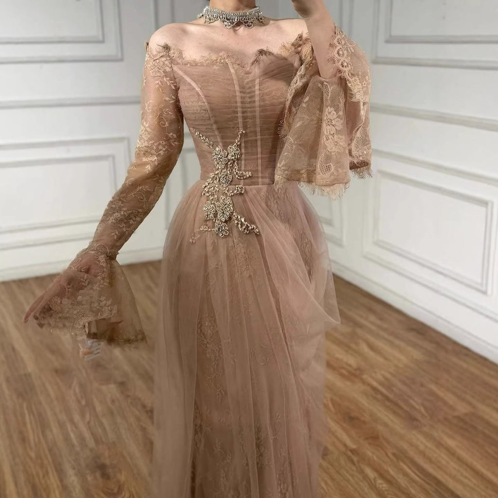 Luxury Light Pink Mermaid Lace Beaded Evening Dress CLA72910