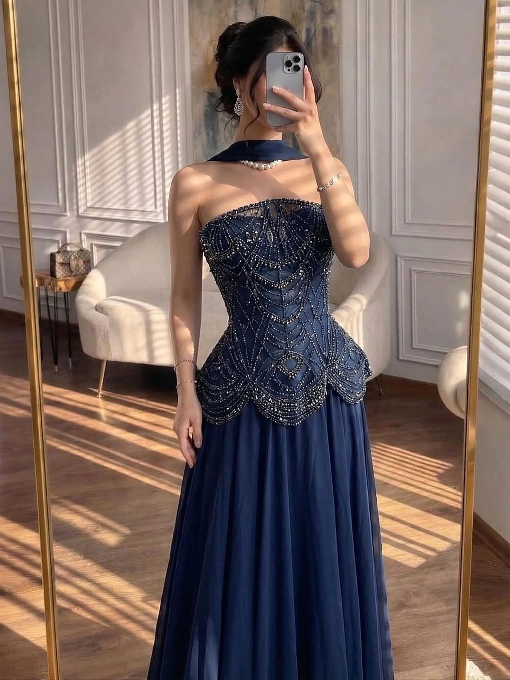 Luxury Designer Nude Beaded Chiffon Evening Dress CLA72915