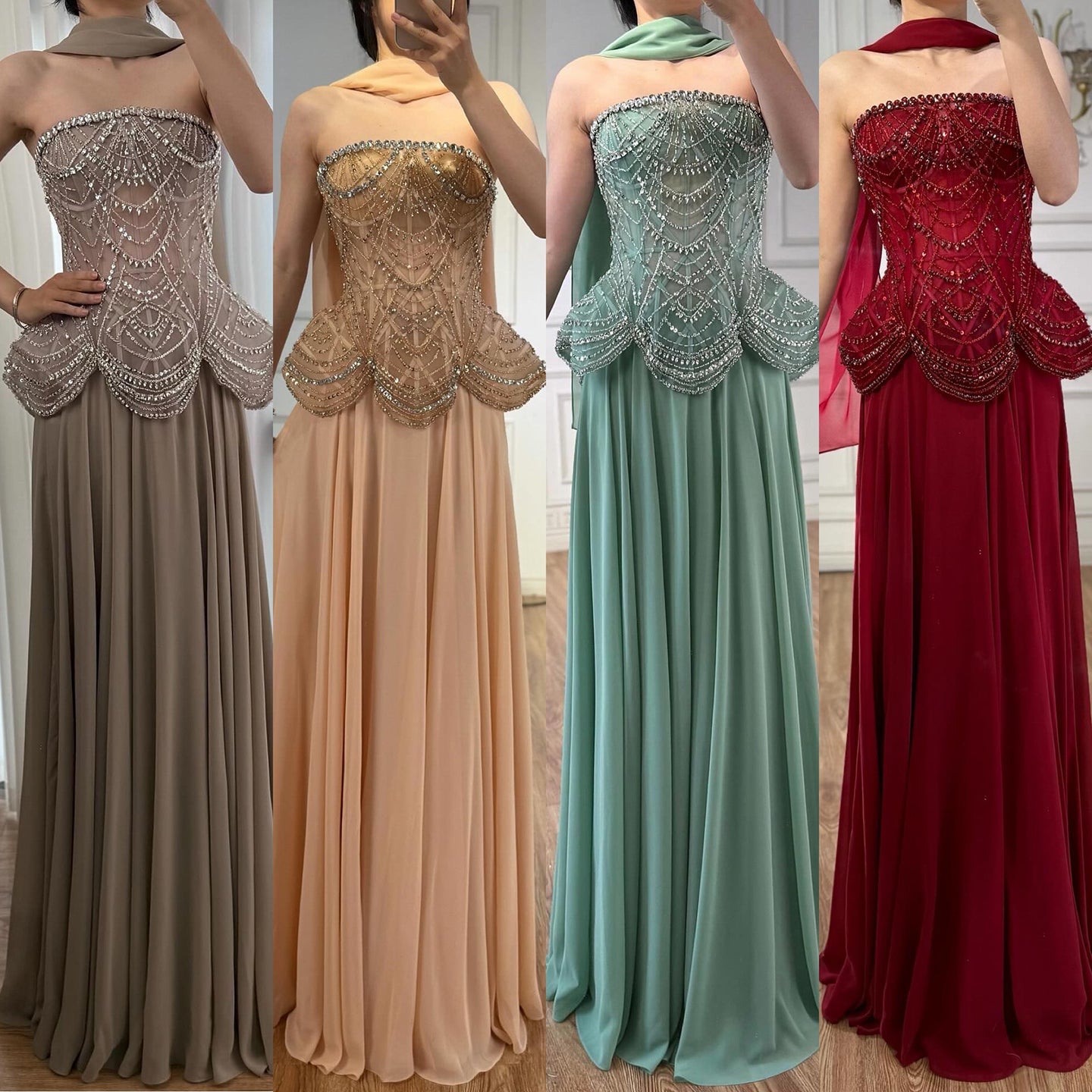 Luxury Designer Nude Beaded Chiffon Evening Dress CLA72915