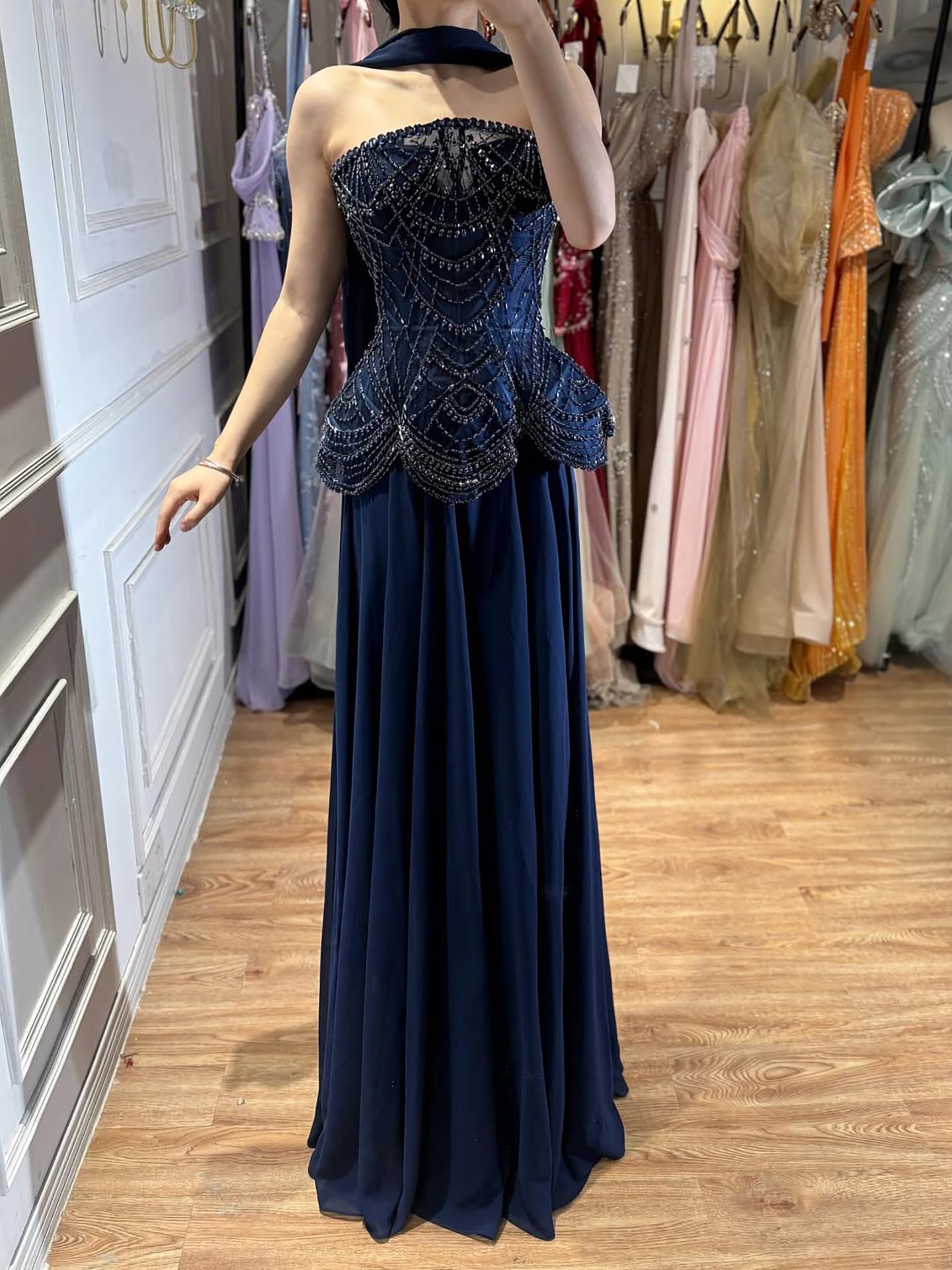 Luxury Designer Nude Beaded Chiffon Evening Dress CLA72915