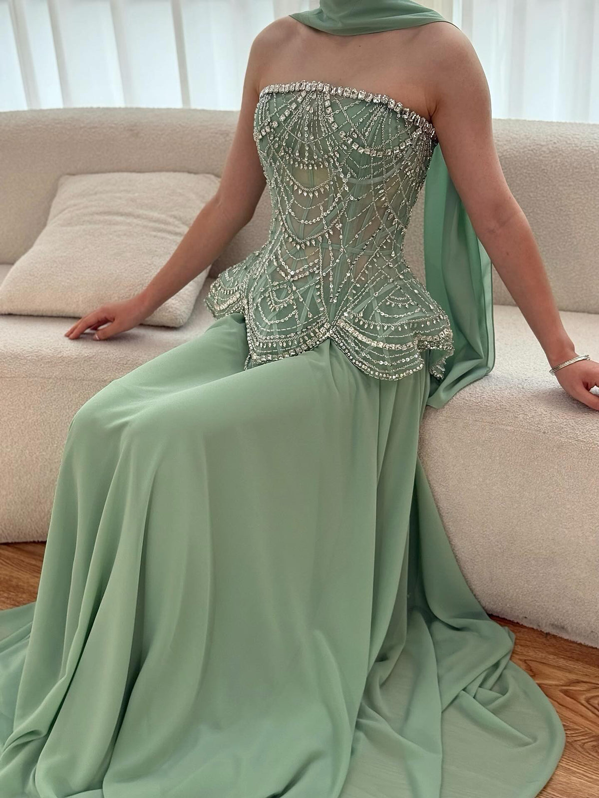 Kosovo Luxury Beaded Strapless Corset Chiffon A-Line Evening Dress CLA72915