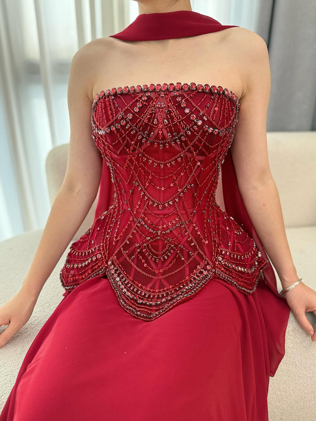 Luxury Designer Nude Beaded Chiffon Evening Dress CLA72915
