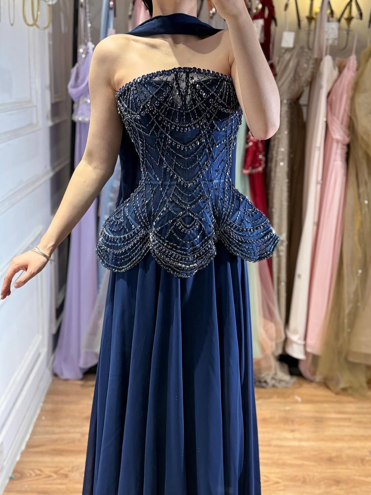 Luxury Designer Nude Beaded Chiffon Evening Dress CLA72915