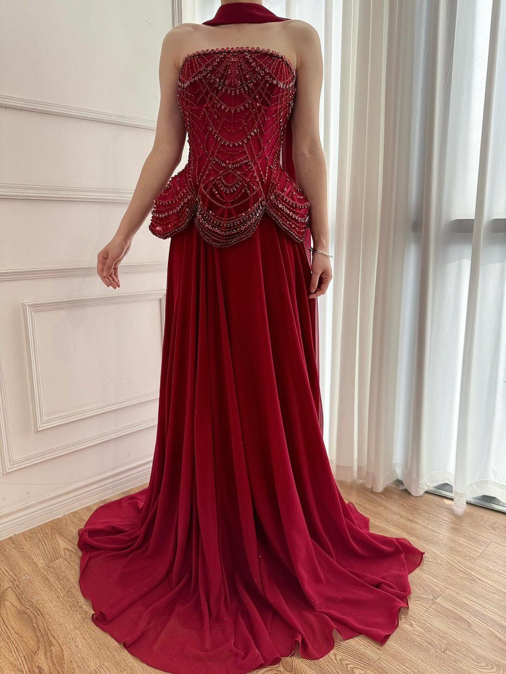 Luxury Designer Nude Beaded Chiffon Evening Dress CLA72915