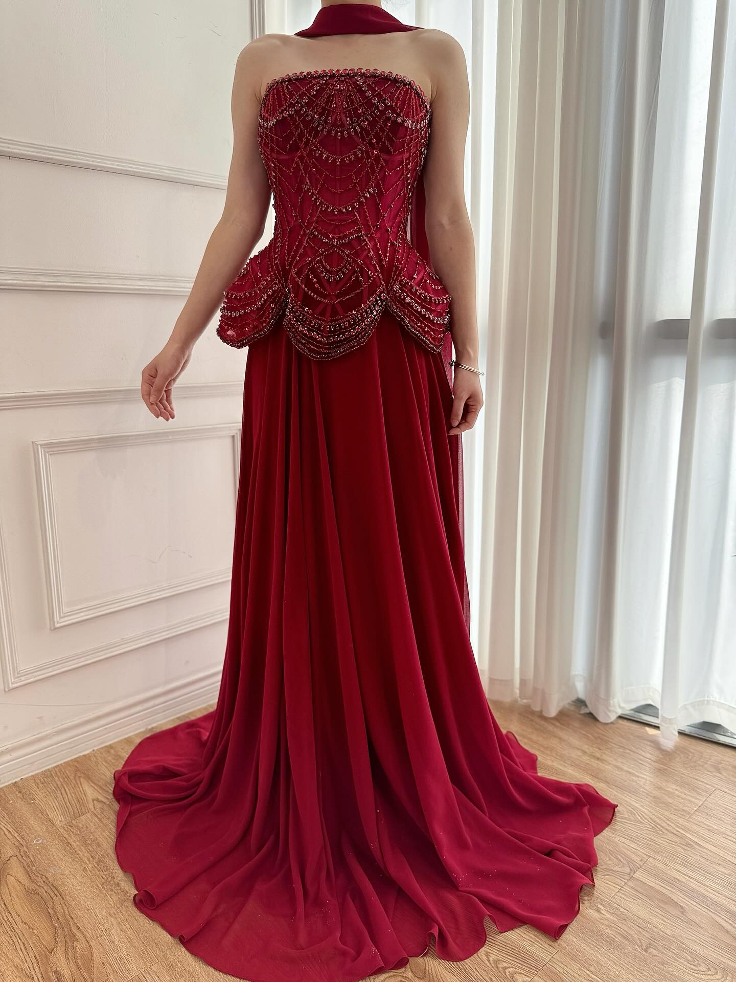 Luxury Designer Nude Beaded Chiffon Evening Dress CLA72915