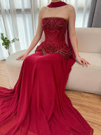 Luxury Designer Nude Beaded Chiffon Evening Dress CLA72915