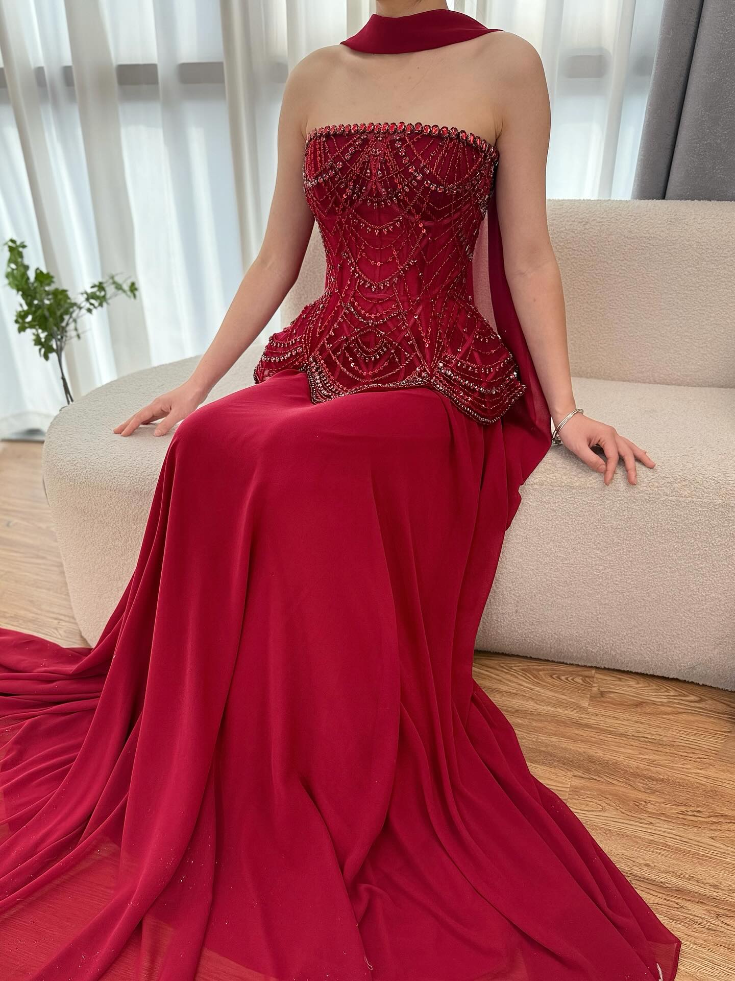 Luxury Designer Nude Beaded Chiffon Evening Dress CLA72915