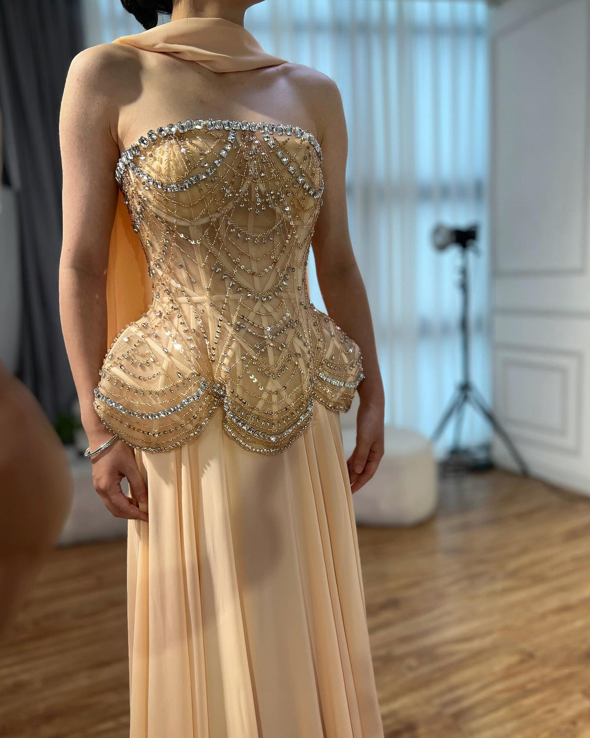 Kosovo Luxury Beaded Strapless Corset Chiffon A-Line Evening Dress CLA72915