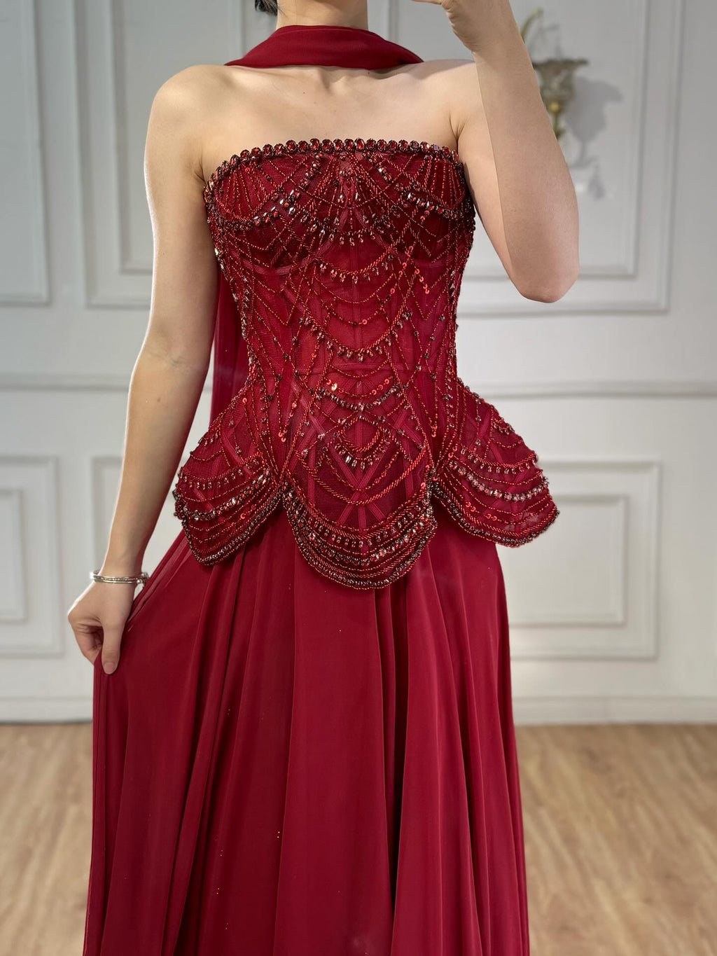 Luxury Designer Nude Beaded Chiffon Evening Dress CLA72915