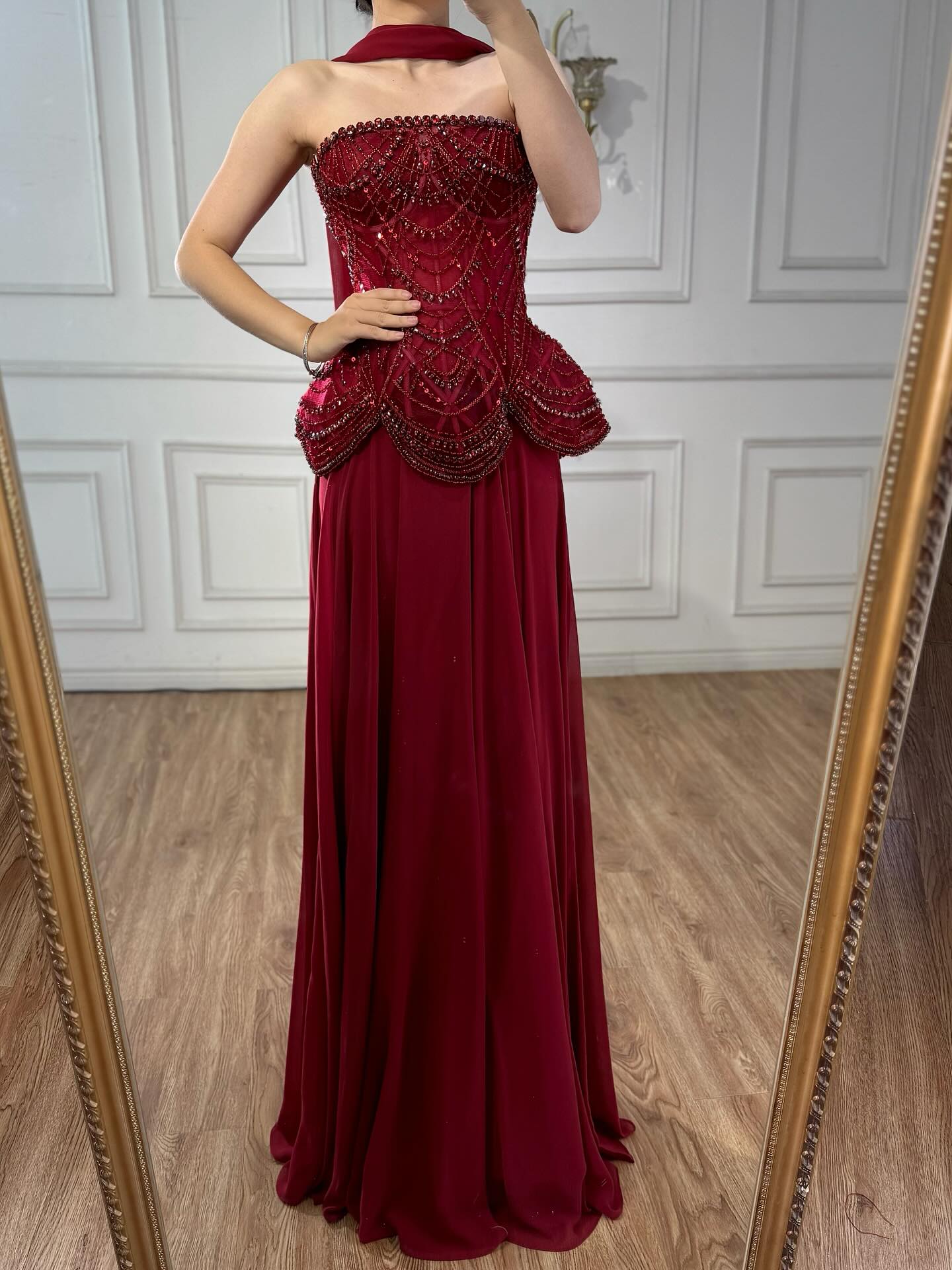 Luxury Designer Nude Beaded Chiffon Evening Dress CLA72915