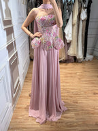 Luxury Pink Strapless Floral Beaded Peplum Evening Dress LA72915A