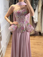 Luxury Pink Strapless Floral Beaded Peplum Evening Dress LA72915A