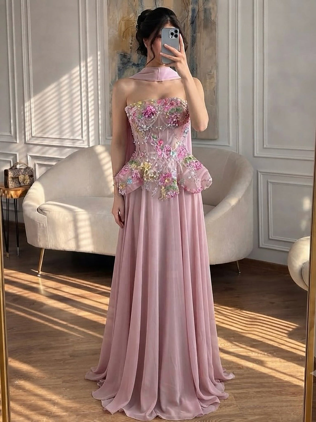 Luxury Pink Strapless Floral Beaded Peplum Evening Dress LA72915A