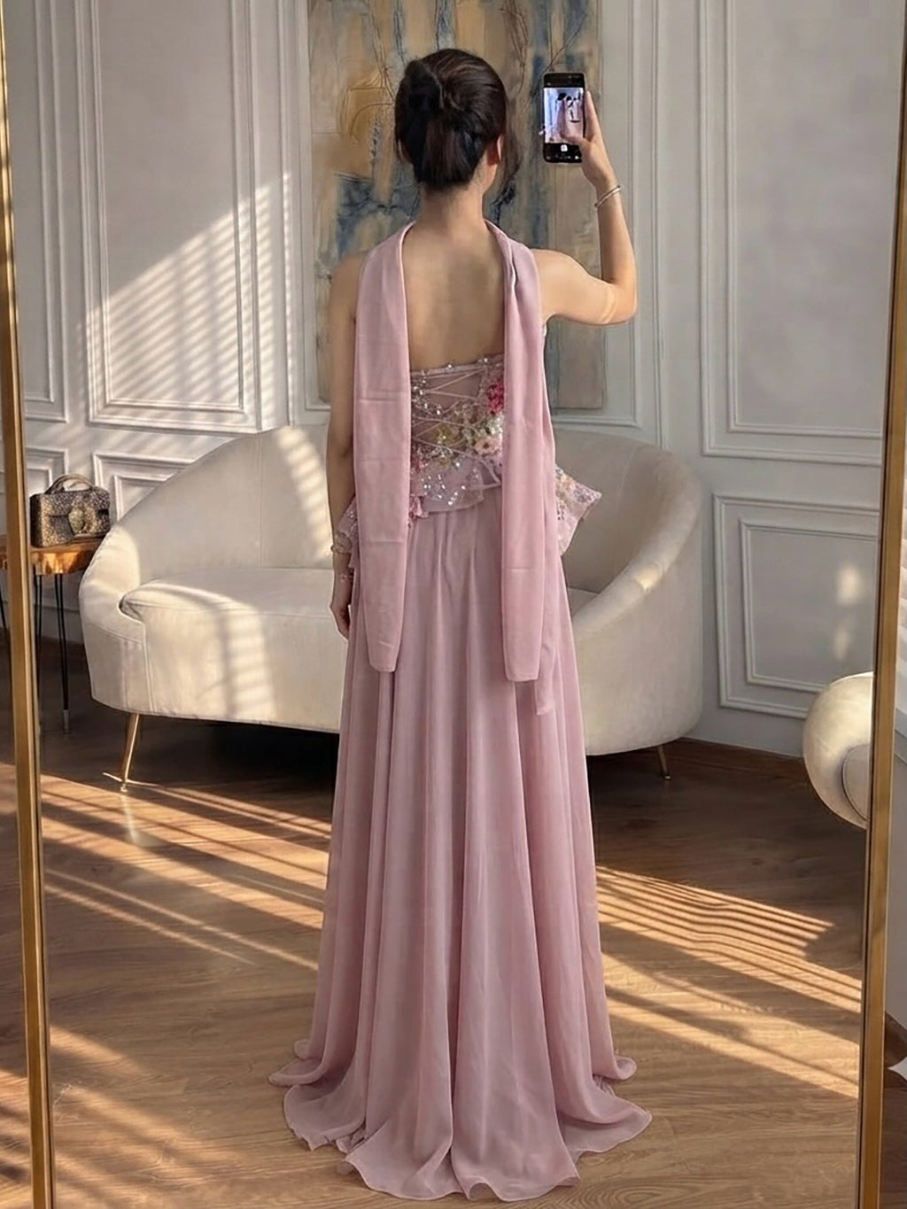 Luxury Pink Strapless Floral Beaded Peplum Evening Dress LA72915A
