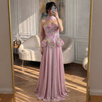 Luxury Pink Strapless Floral Beaded Peplum Evening Dress LA72915A
