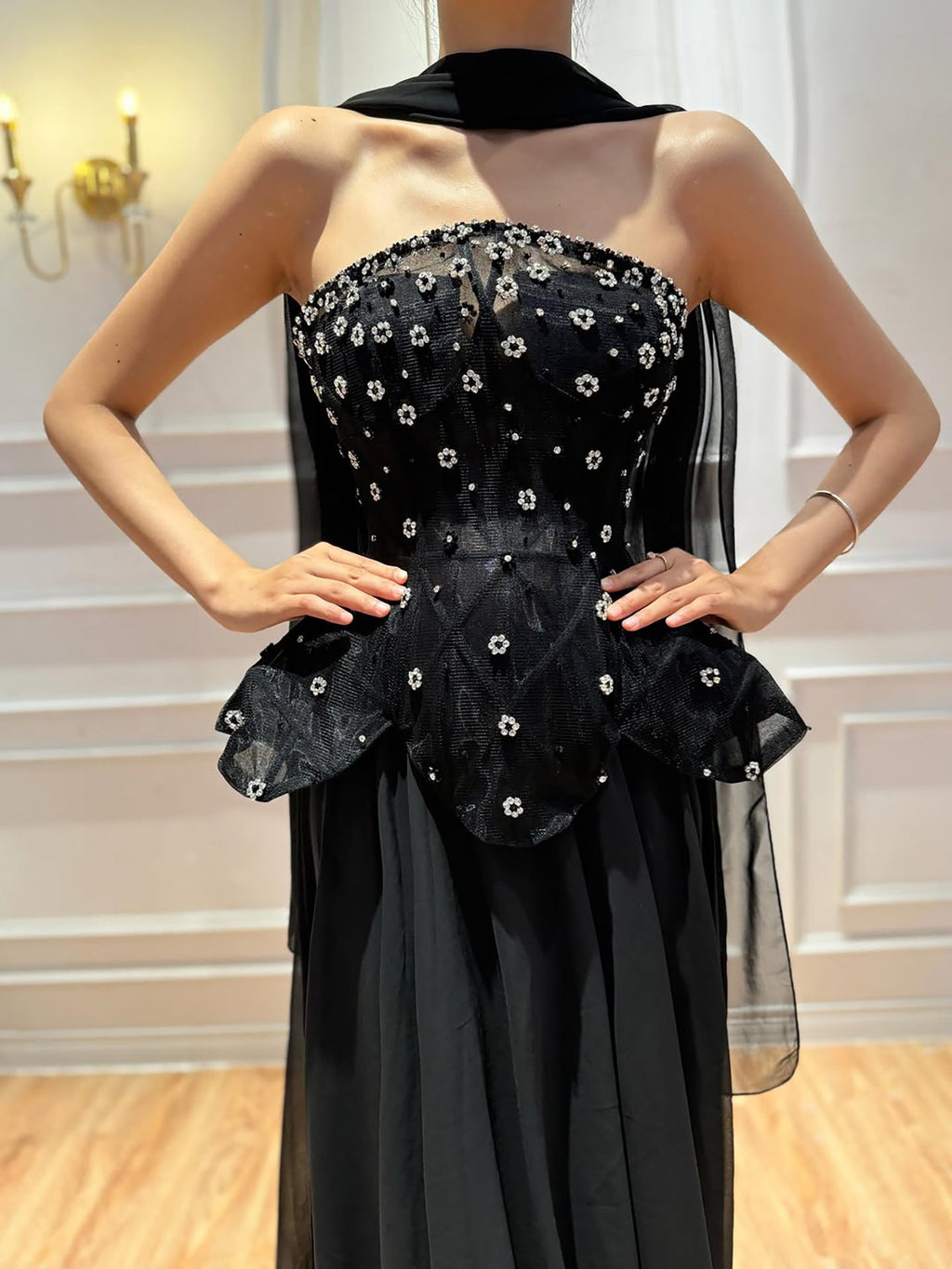 Luxury Black Strapless Beaded Peplum A-Line Evening Dress LA72915B