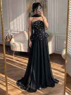 Luxury Black Strapless Beaded Peplum A-Line Evening Dress LA72915B