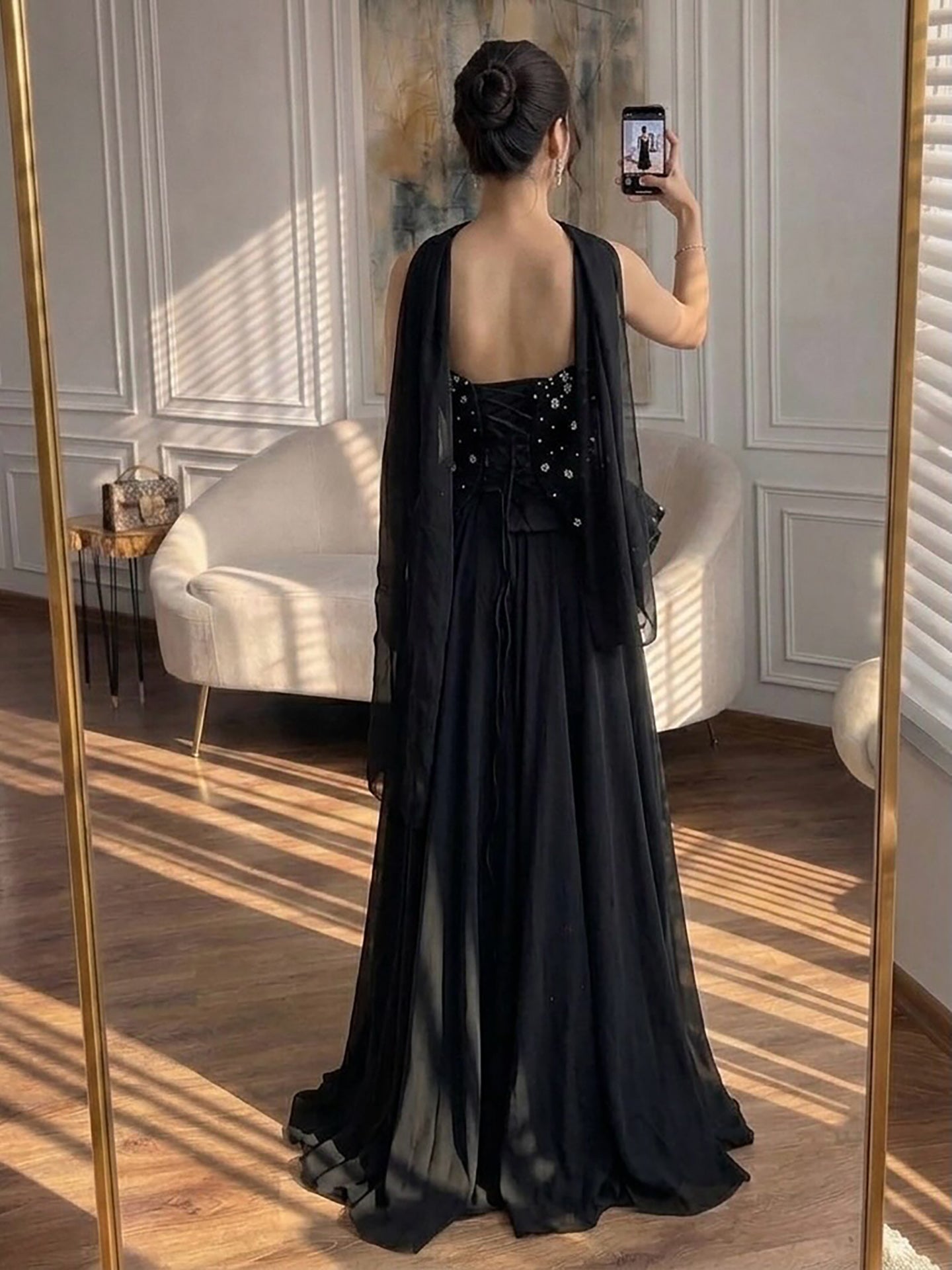 Luxury Black Strapless Beaded Peplum A-Line Evening Dress LA72915B