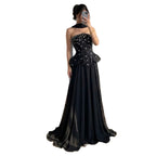 Luxury Black Strapless Beaded Peplum A-Line Evening Dress LA72915B