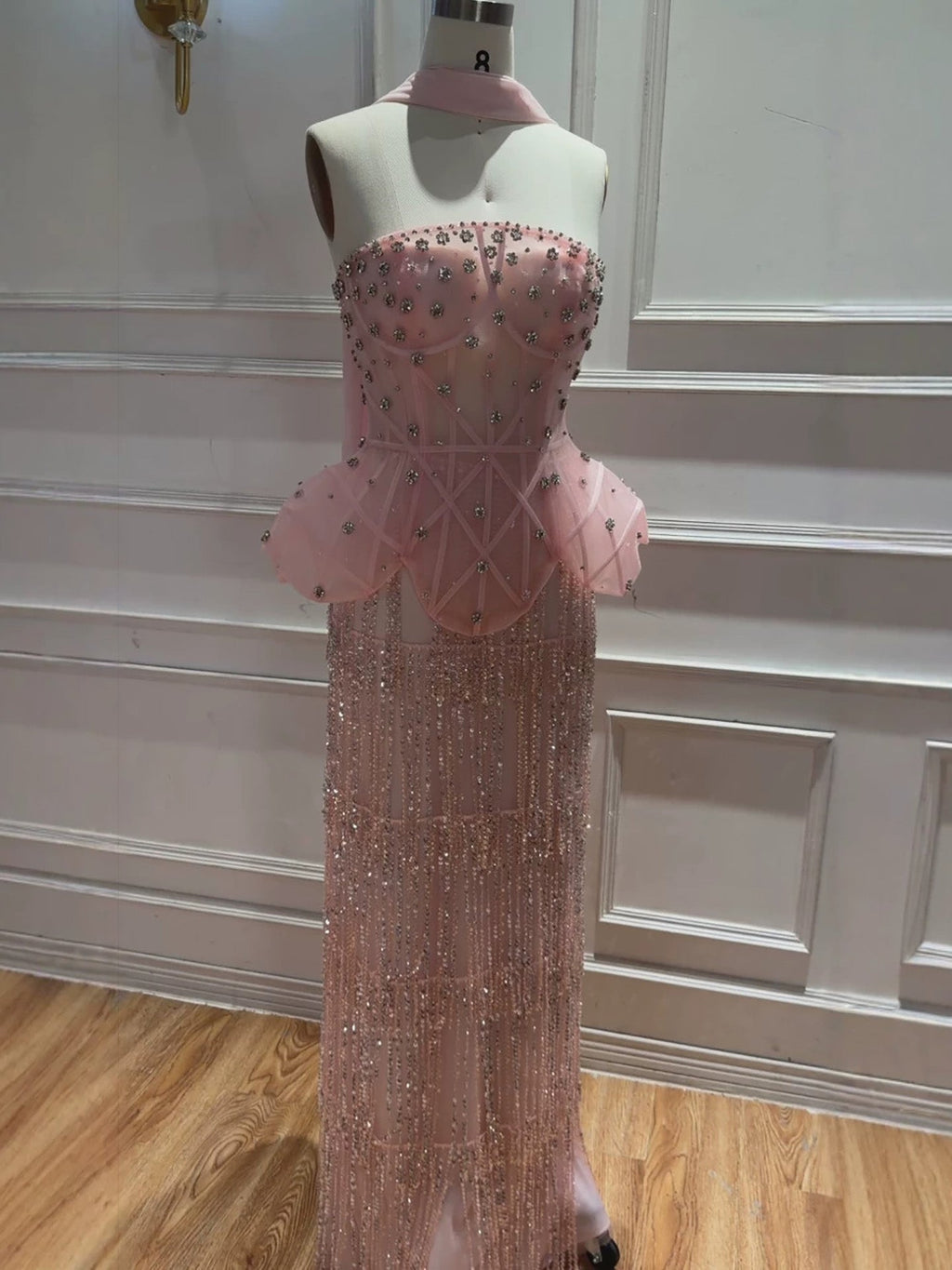 Elegant Pink Beaded Tassel Peplum Strapless Evening Dress LA72915D