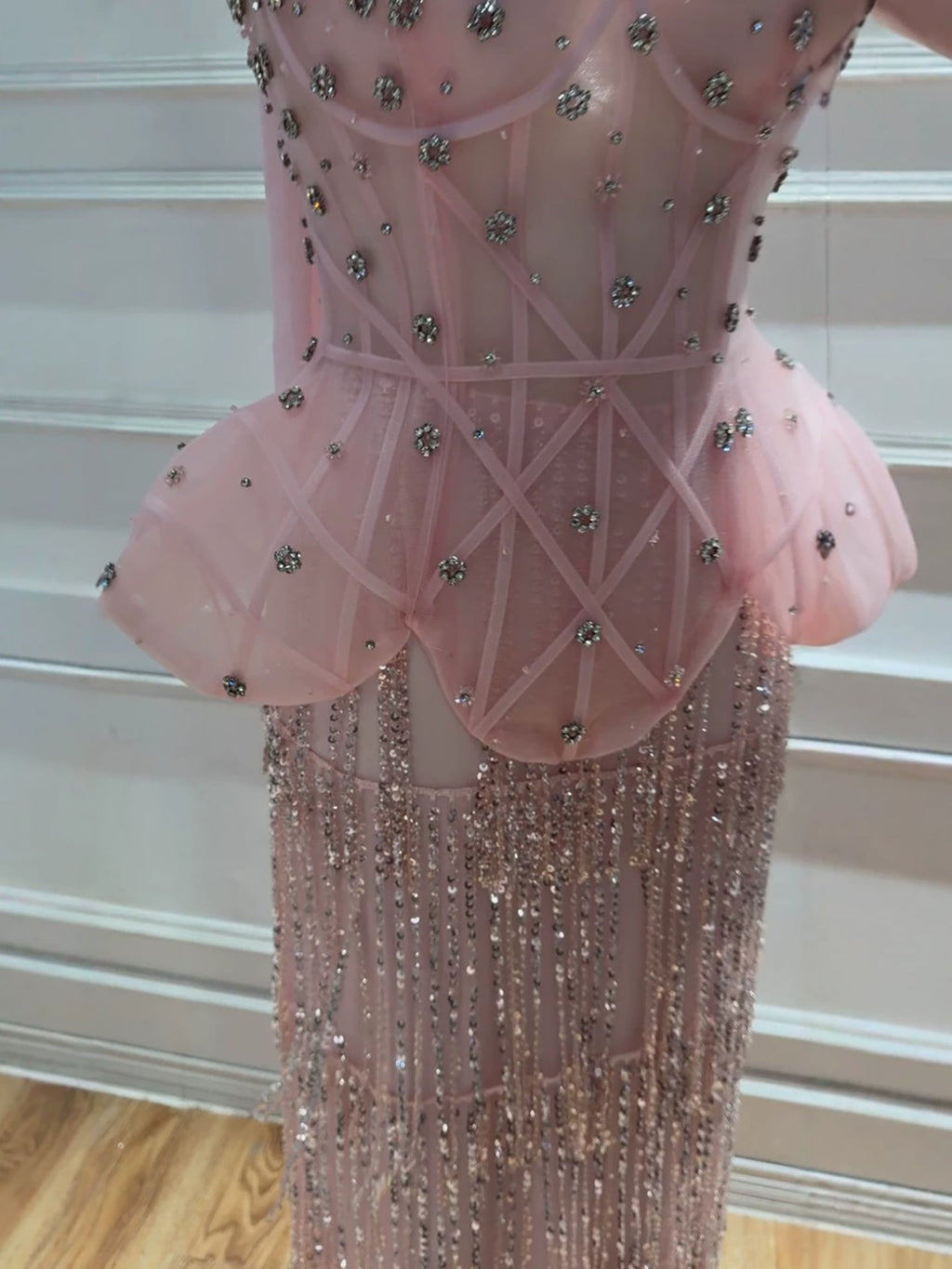Elegant Pink Beaded Tassel Peplum Strapless Evening Dress LA72915D