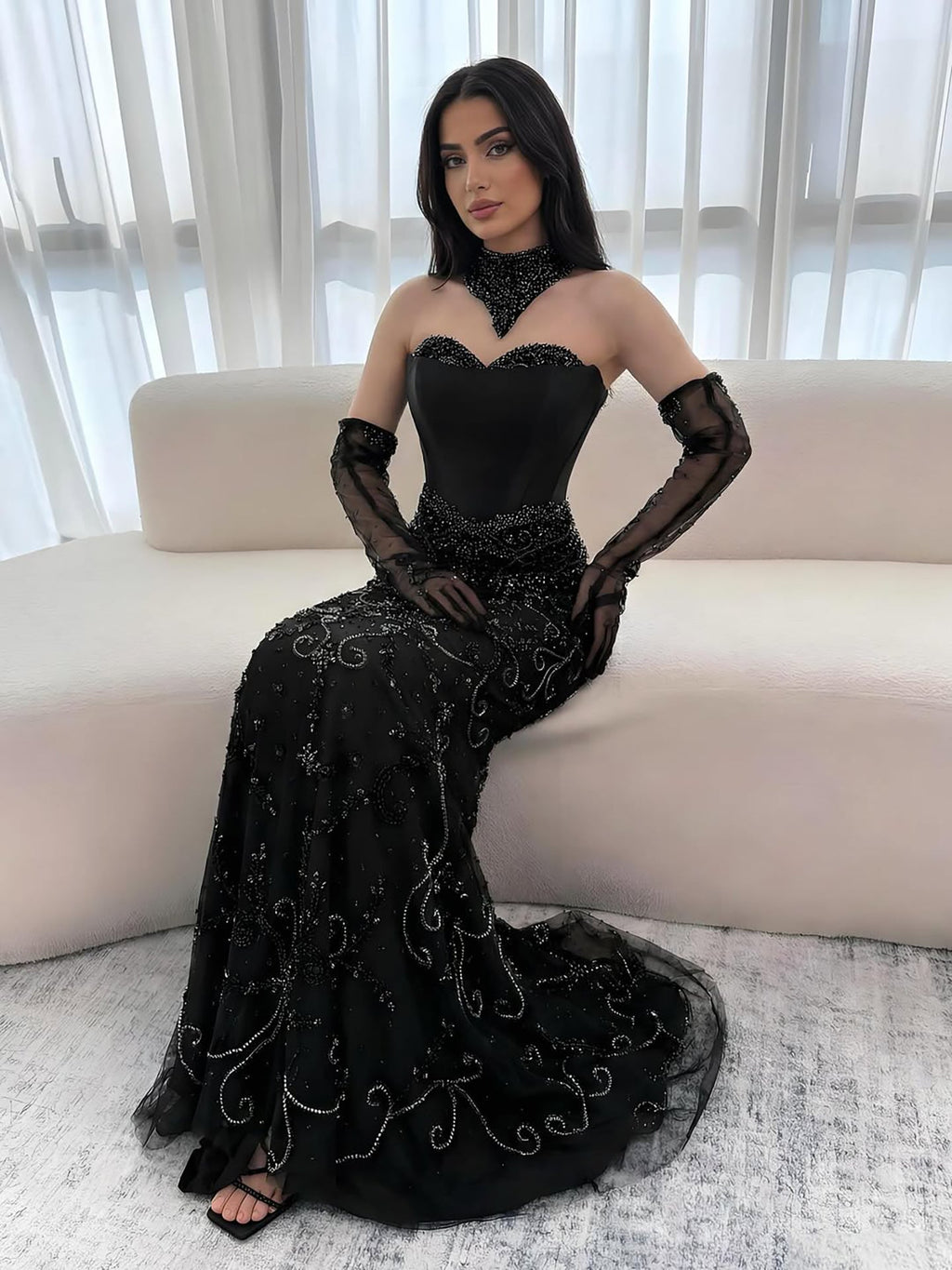 Kosovo Luxury Beaded Evening Dress With Gloves CLA72929