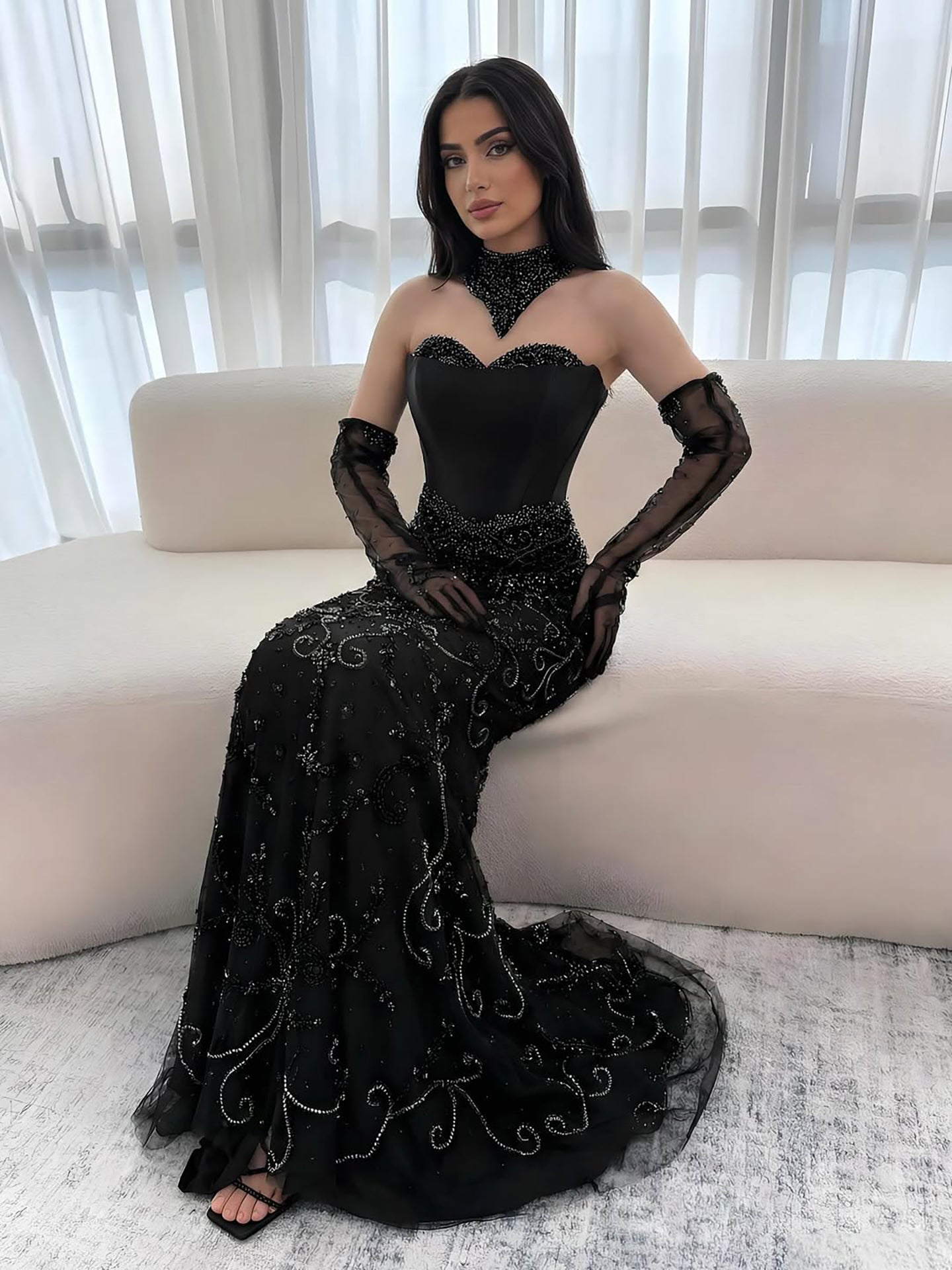 Kosovo Luxury Beaded Evening Dress With Gloves CLA72929
