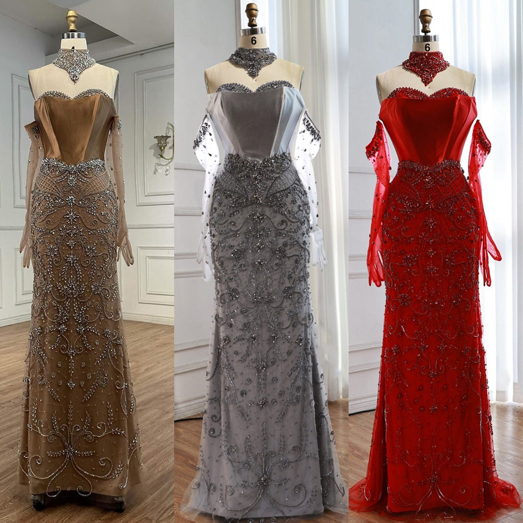 Kosovo Luxury Beaded Evening Dress With Gloves CLA72929