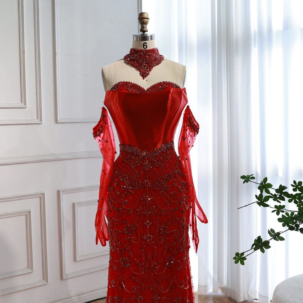 Kosovo Luxury Beaded Evening Dress With Gloves CLA72929