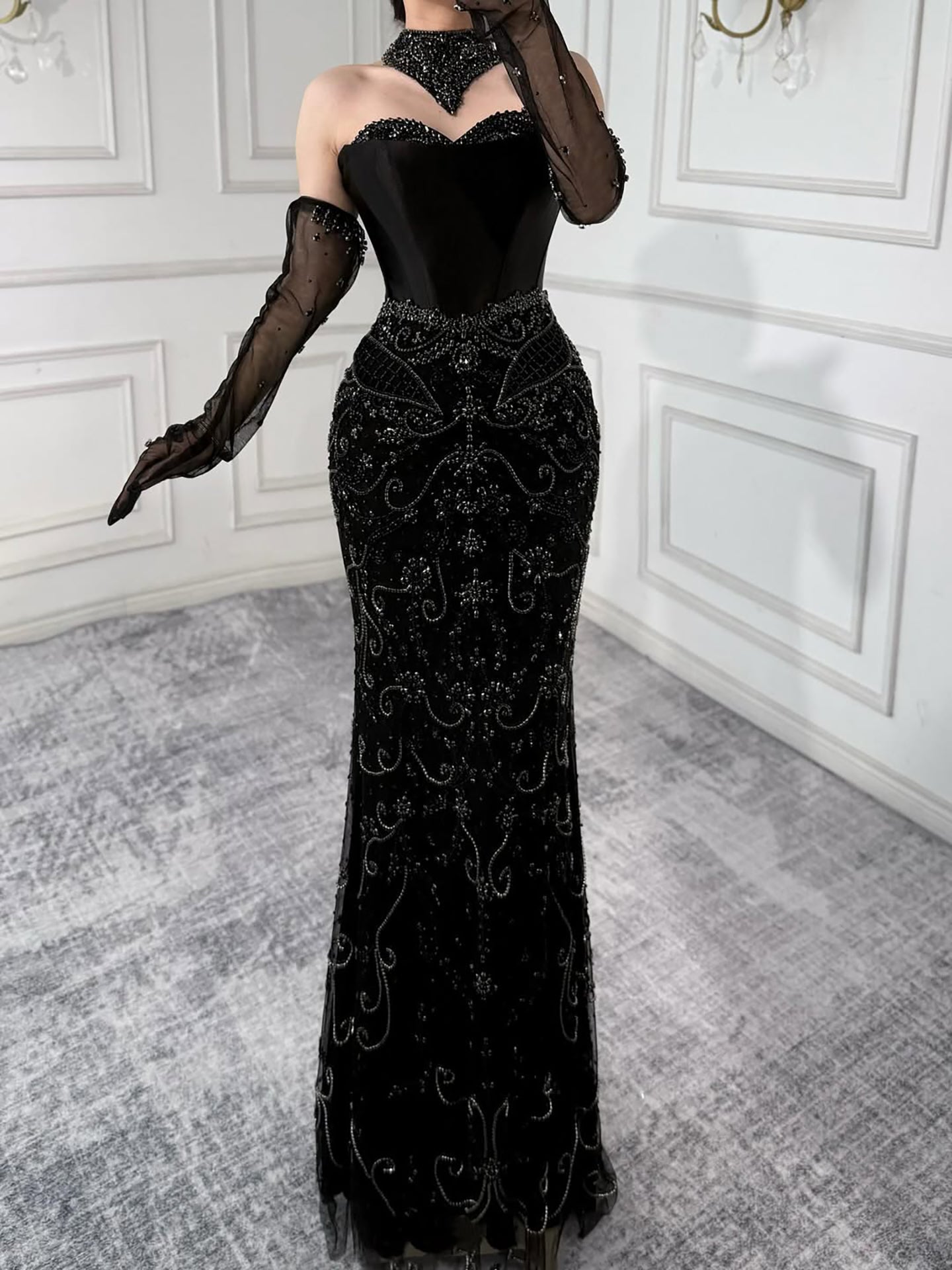 Kosovo Luxury Beaded Evening Dress With Gloves CLA72929