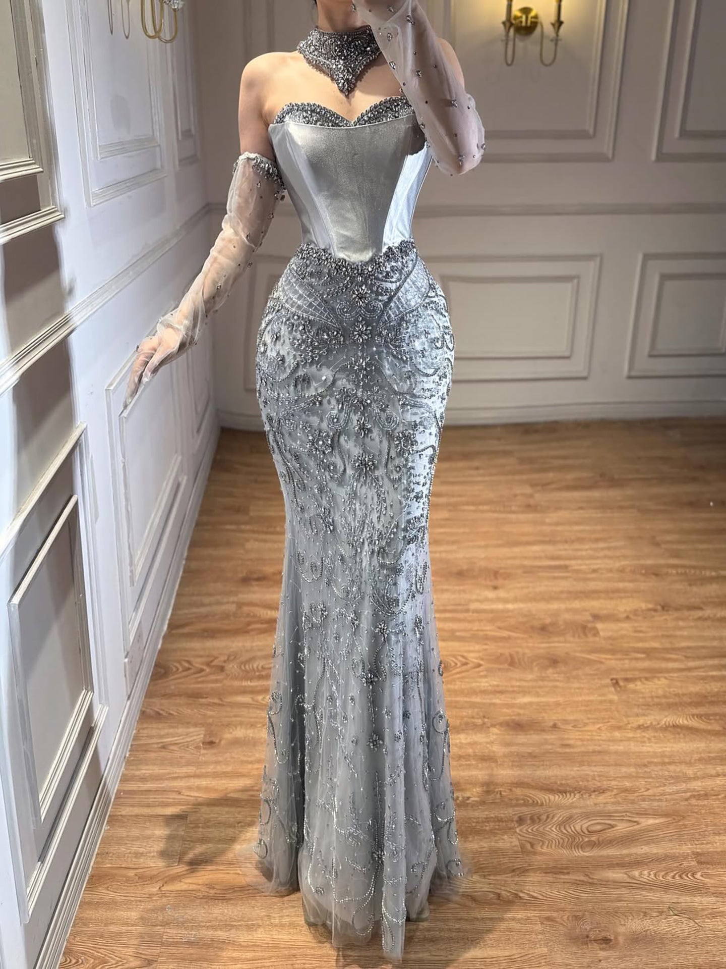 Kosovo Luxury Beaded Evening Dress With Gloves CLA72929