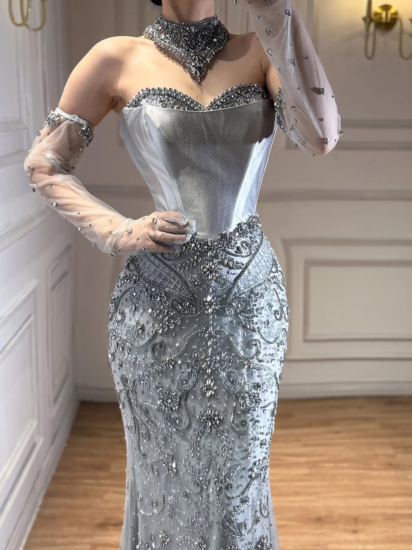 Kosovo Luxury Beaded Evening Dress With Gloves CLA72929