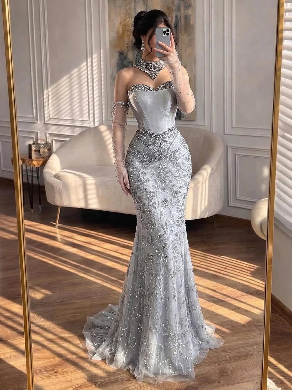 Kosovo Luxury Beaded Evening Dress With Gloves CLA72929