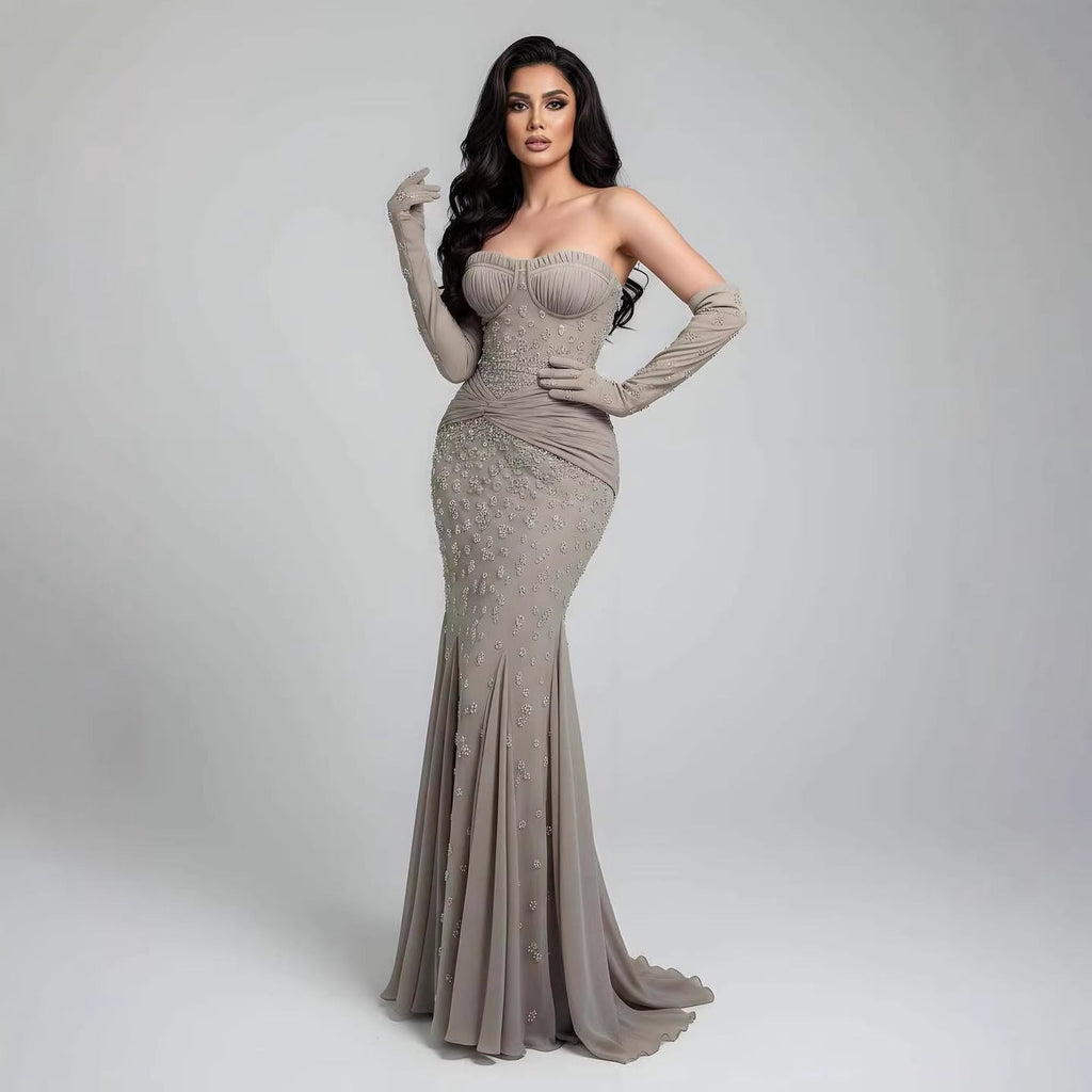 Luxury Turquoise Beaded Evening Dress With Gloves CLA72933