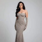Luxury Turquoise Beaded Evening Dress With Gloves CLA72933