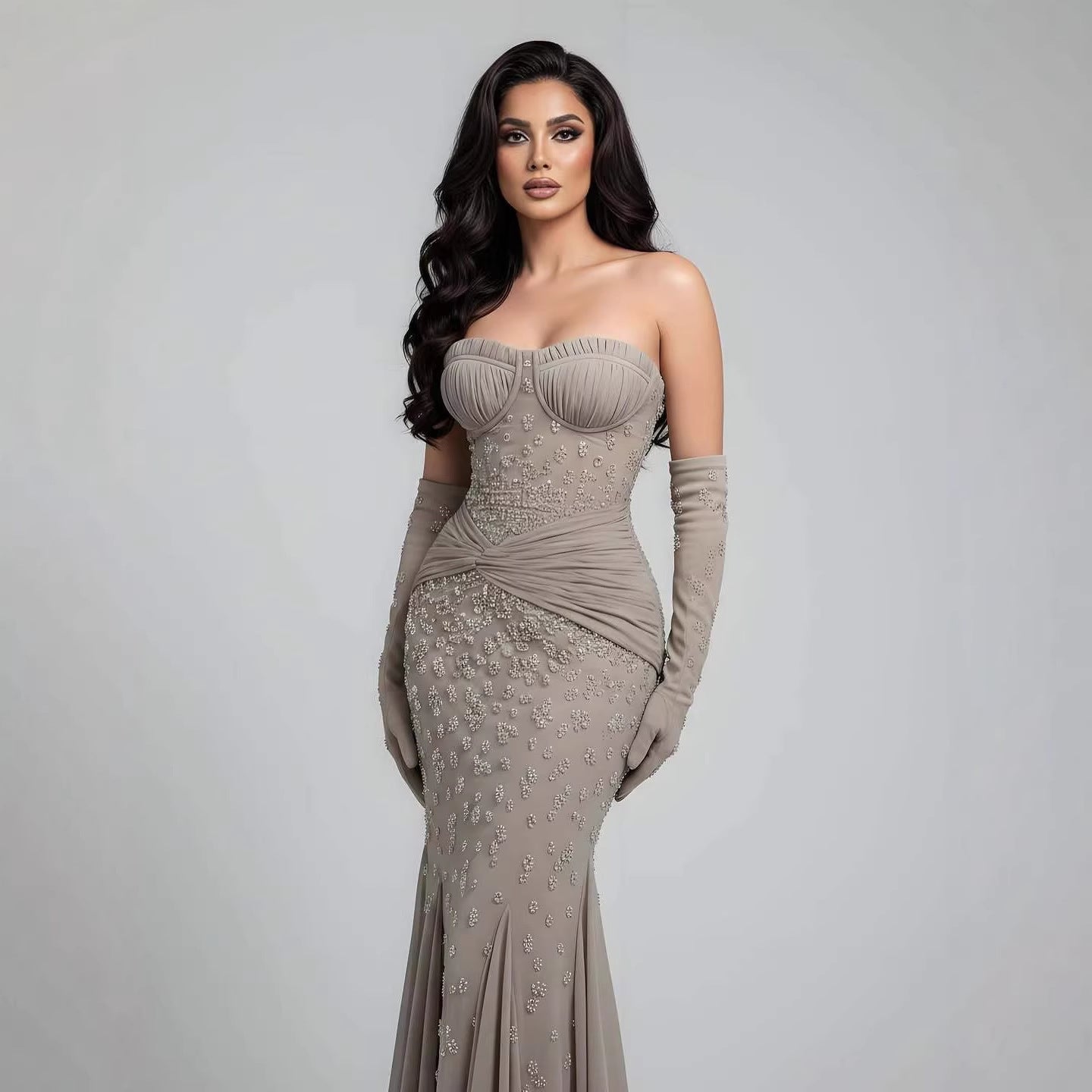 Luxury Turquoise Beaded Evening Dress With Gloves CLA72933