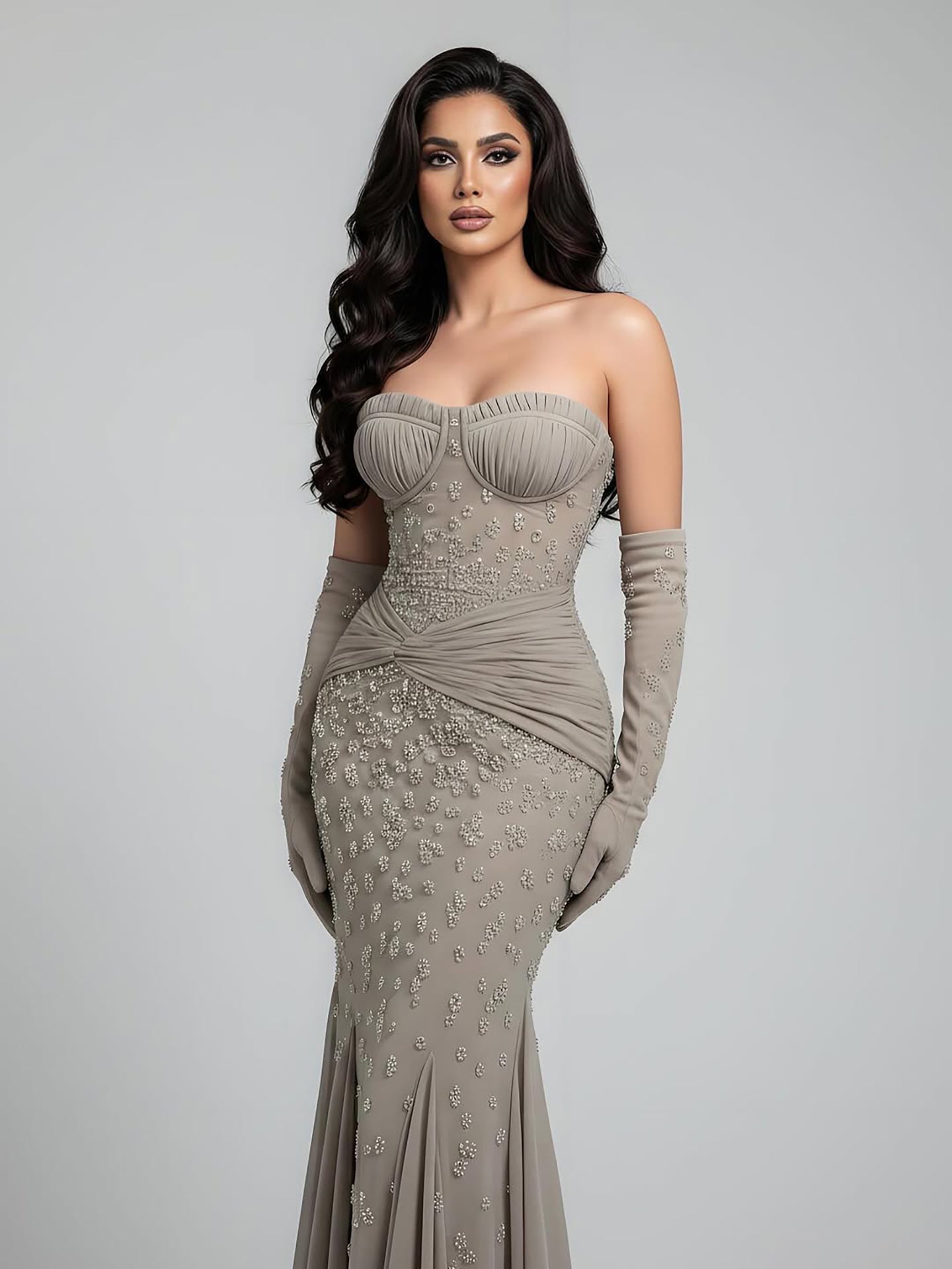 Luxury Turquoise Beaded Evening Dress With Gloves CLA72933